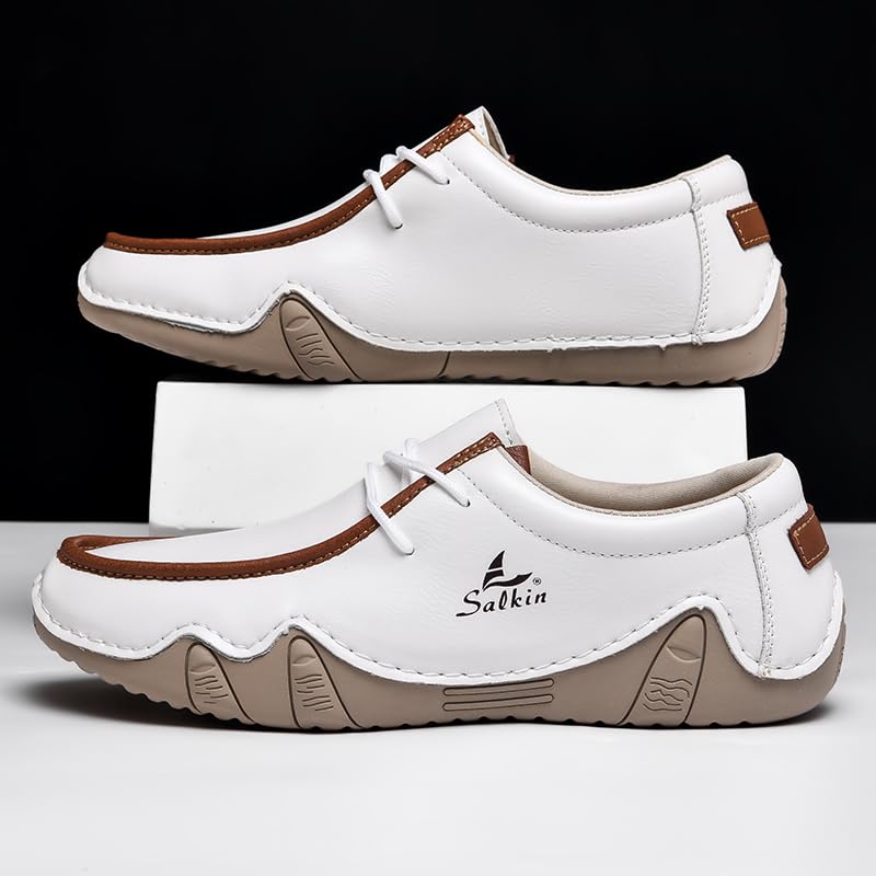 Salkin Women's Leather Moccasin Loafers, Casual Driving Shoes, White and Brown4