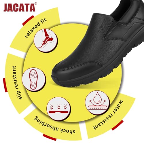 Image of Jacata Non Slip Black Work Shoes for Men Food Service Mens Water Slip Resistant Leather Slip on Chef Walking Shoes for Restaurant Kitchen Sneakers