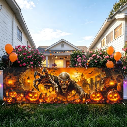 Image of Halloween Banner 118x35.4 Inch Scary Skeleton Pumpkin Party Decoration Backdrop, Creepy Skull Jack O Lantern Outdoor Yard Sign for Festival Celebration, Fence Wall Porch Indoor Outdoor