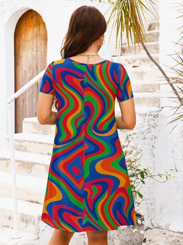 Image of Heymoments Women's Short Sleeve Crewneck Sundress Summer Casual A-Line Beach Dress with Pockets S-2XL