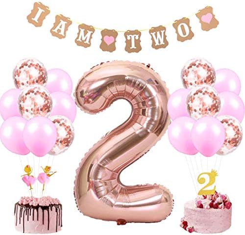 JOYMEMO2nd Birthday Decorations for Girl with I Am Two Banner Number Foil Balloons and Dancing Girl Cake Toppers