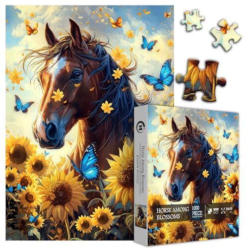 Flower Horse Puzzles for Adults 1000 Piece, Nature Sunflower Butterfly Garden Themed, Animal Floral Challenging Jigsaw Puzzle