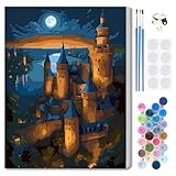 DOMROM Landscape Framed Paint by Numbers Kit for Adults Beginners with Wooden Easel, Castle Moon Night Easy Paint by Number Kit with Frame, Anime Oil Painting Kits for Home Wall Decor 12x16Inch