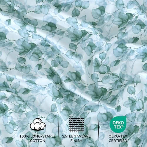Image of Feather & Stitch Printed 500 TC Split King Size Sheet Set, 5 Piece Bed Sheets Set-2 Twin Fitted Sheet, 1 King Flat Sheet & 2 King Pillowcases, 18 inch Deep Pockets Sateen Weave Bedsheet - Green Leaf