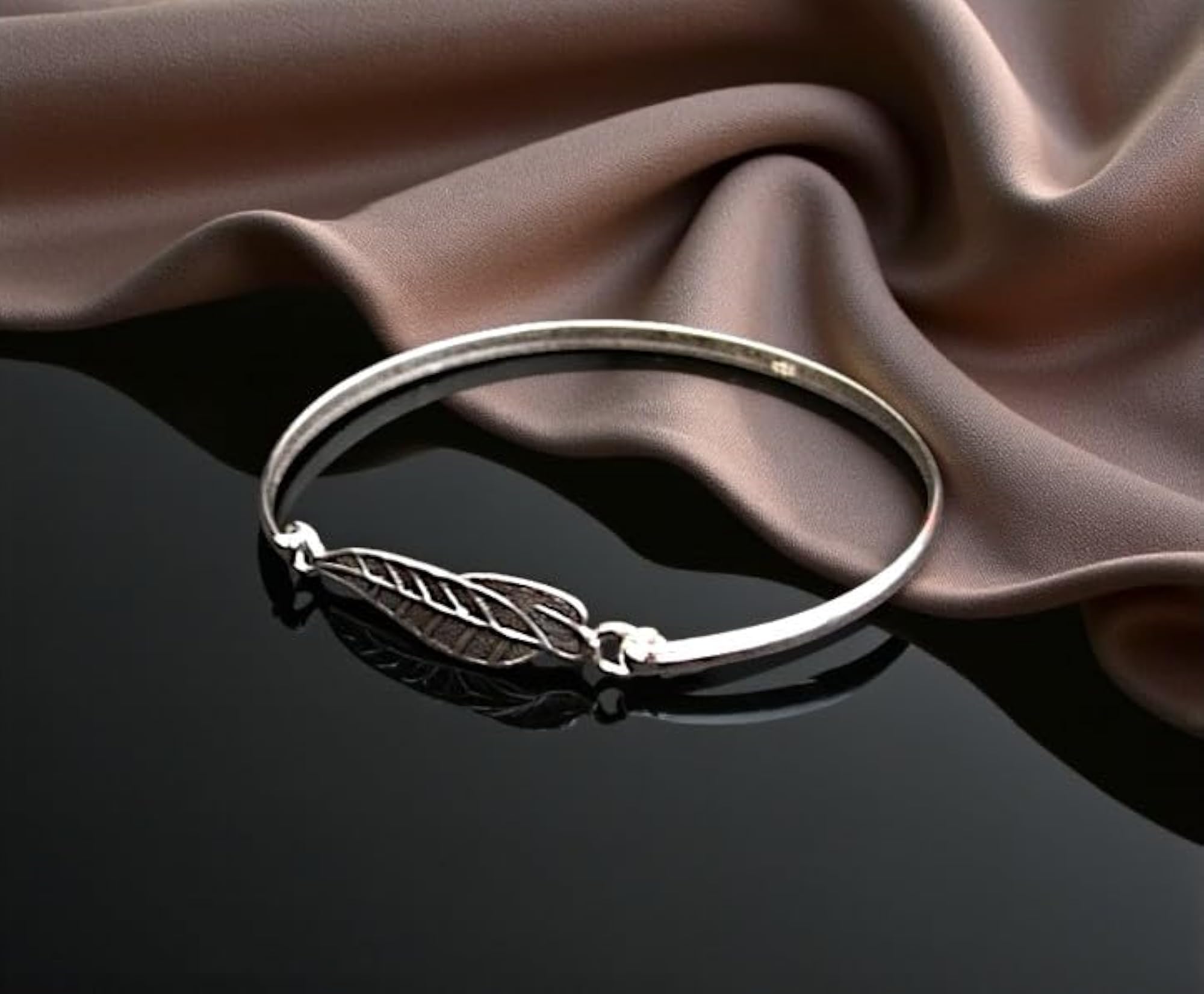 Women's Pure 925 Sterling Silver Bangle Bracelet with Leaf Charm