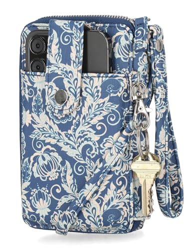Image of Mundi Jacqui RFID Crossbody Wallet for Women, Vegan Leather Small Travel Handbag with Phone Holder, Compact Organizer with Card Slots and Removable Strap, Vacation Purse in Indigo Paisley