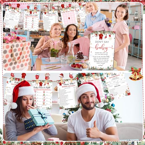 Image of Patelai 321 Pcs Christmas Santa Baby Shower Game Supplies Include 250 Activity Cards 20 Pencils 1 Don't Say Baby Sign 50 Clothespins for Price Is Right Prediction Bingo Game Party Decor