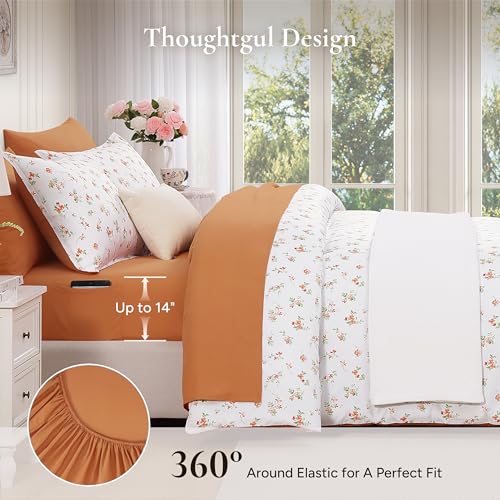 Image of Andency Floral Full Comforter Set, 7 Pieces Cute Orange Bedding Sets, Coquette Cottagecore Flower Dorm Bedding, Soft Lightweight Comforter with Sheets, Pillowcases & Shams for Teen Girls
