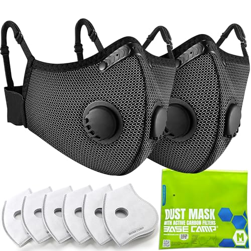 BASE CAMP Upgrade M Plus - Máscara antipolvo de malla plateada y negra, transpirable, reutilizable, con válvulas y 6 filtros de carbón activado (2 plateados)