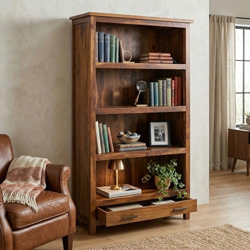 Image of ANGEL FURNITURE Solid Sheesham Wood Bookshelf with Drawer | Large Full-Size Storage Rack | Honey Finish, Semi-Gloss | 100x40x175 CM Honey Finish