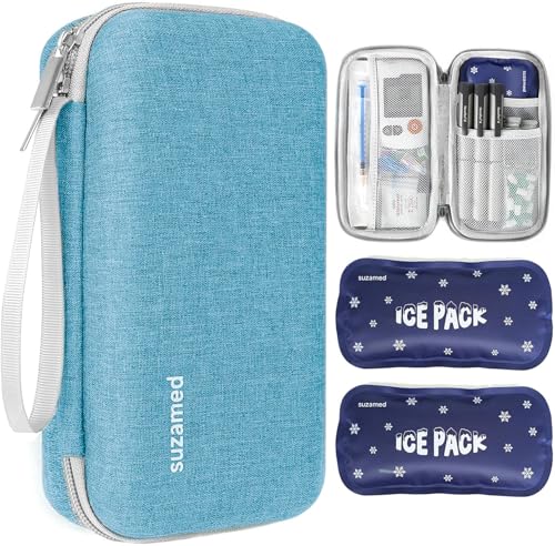 Image of suzamed Insulin Cooler Travel Case, 2x150g Ice Pack TSA Approved,Sky Blue | EVA Insulation Travel Medicine Kit for 1-5 Pens & Diabetic Supplies, Diabetes Care, Portable Handle for Daily Use & Trip