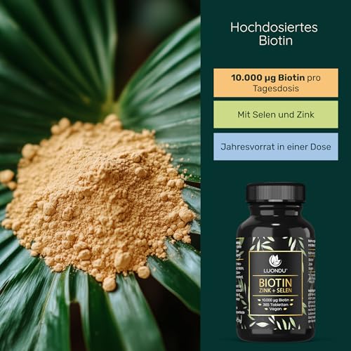 Biotin hochdosiert – 10.000 mcg pro Tablette (365 vegane Tabletten, 1 Jahr) – Zink Selen Komplex – Mit Biotin, Zink und Selen – Verpackung kann variieren