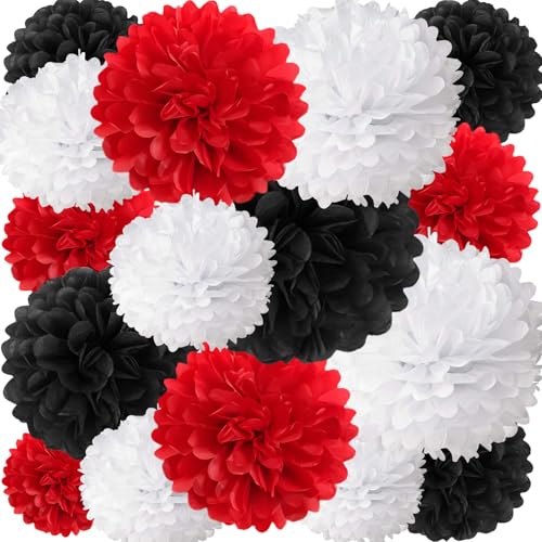Image of 18 PCS Tissue Paper Pom Poms, Tissue Paper Flowers, Sizes of 6 inch, 10 inch, 12 inch, 14 inch Bachelorette Paper Flower Party Decor for Wedding, Birthday, Fiesta Stranger, Baby Showers (Black Red White)