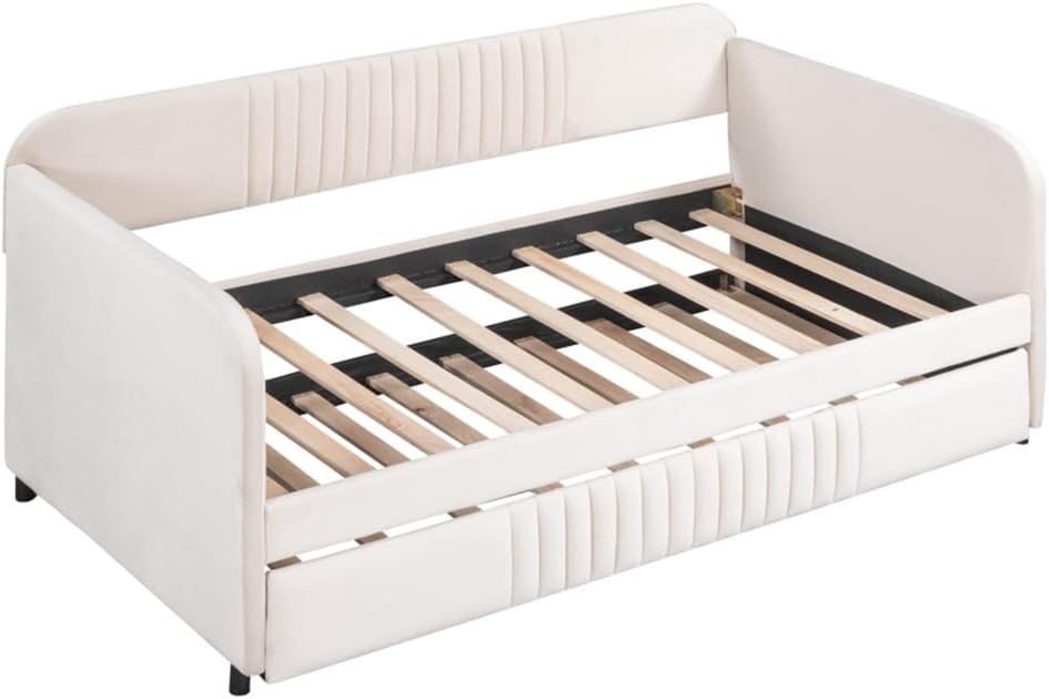 Upholstered Daybed Sofa Bed Twin Size with Trundle Bed and Wood Slat,Beige