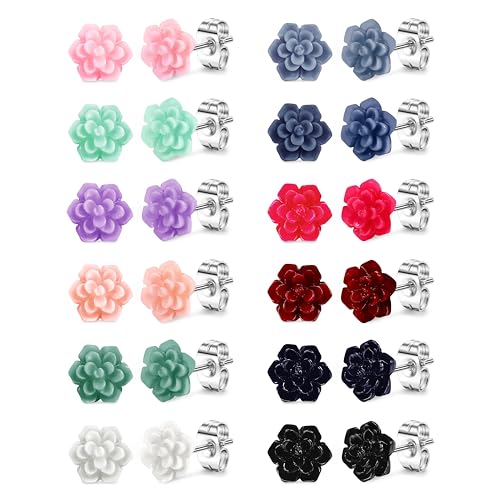 LOYALLOOK 12Pairs Chic Cute Boho Assorted Colors Resin Succulent Flower Earring Studs Set for Women Floral Blooming 3D Carved Succulent Flower Stud Earrings with Stainless Steel Post