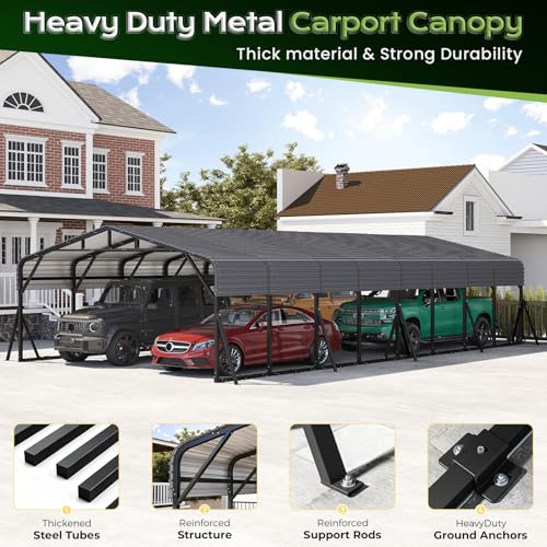 Image of Jocoevol 20x40FT Heavy Duty Metal Carport, Outdoor Car Garage with Support Rods & Windproof Ground Anchors, All-Season Versatile Canopy Tent for 4 Car, Boats, Truck