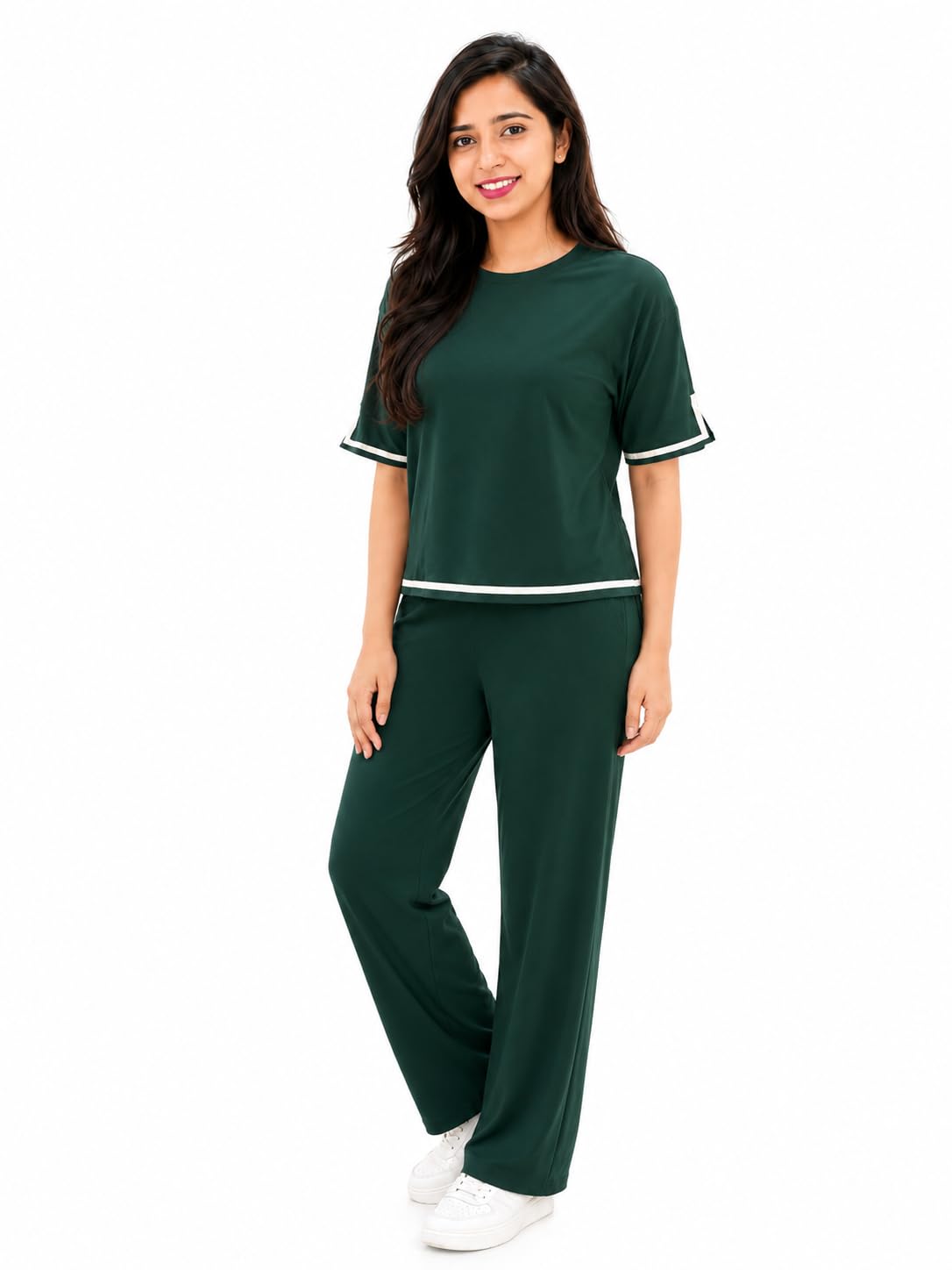 ethwest Women's Co-ord Set, Round Neck Top with Wide-Leg Trousers, Contrast Stripe Detail (One Size- Fits M to L)-picture-32