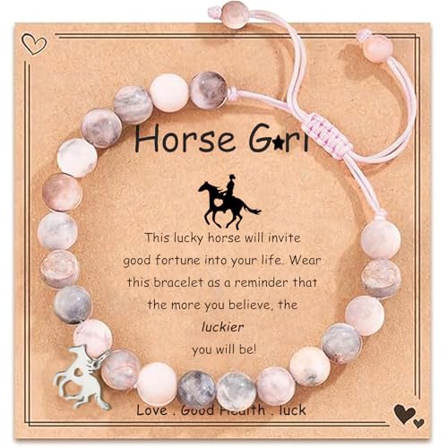 LunarCharm Pulsera con colgante de caballo de piedra natural rosa, pulsera infantil para niñas, nietas, hijas, sobrinas que aman los caballos, regalos de caballos