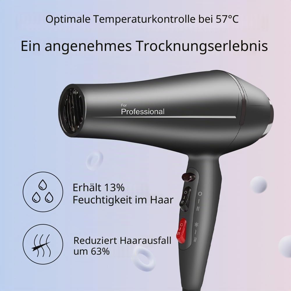 Faszin Professioneller Ionen-Haartrockner, Haartrockner mit Diffusor, leistungsstarker professioneller Haarfon, Triple-L plus widerstandsfähiger Hairdryer (mattgrau)