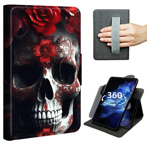 DIGTIALL Case for Kindle Fire HD 8 & 8 Plus Tablet (12th & 10th,2024/2022/2020), 360° Rotating Stand Cover with Hand Strap, Shockproof Protective Folio with Auto Sleep/Wake,Red Flower Skull