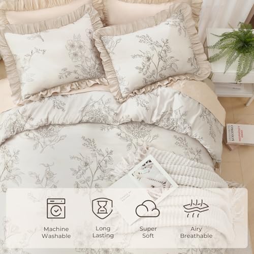 Image of Litanika Beige Brown Full Comforter Sets, 3 Pieces Khaki Ruffle Floral Farmhouse Bedding Comforter Sets, All Season Soft Lightweight Fluffy Microfiber Bed Set(79x90In Comforter, 2 Pillowcases)