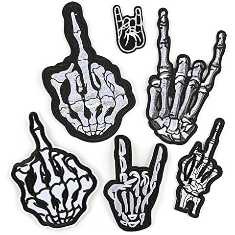 Gewene 6 Pcs Skeleton Finger Iron On Patches Punk Rock Hand Embroidered Sew on or Iron on Patches for Jeans, Hats, Costume, Bags, Clothing Decors Cover