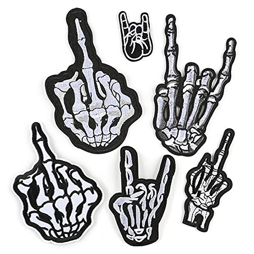 Gewene 6 Pcs Skeleton Finger Iron On Patches Punk Rock Hand Embroidered Sew on or Iron on Patches for Jeans, Hats, Costume, Bags, Clothing Decors