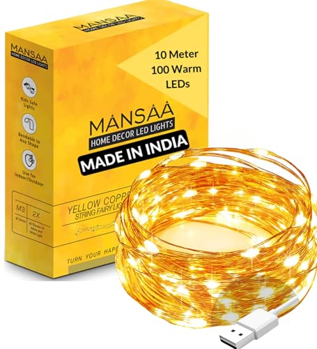 MANSAA Lights for Decoration | 18 Months Warranty | 10 Meter, 100 LEDs | Fairy Lights for Room Decoration, Led Lights for Decoration, Decoration Light, String Lights, USB Operated (Yellow, Pack of 1)