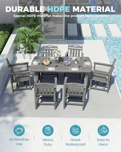 Image of Ciokea HDPE Outdoor Dining Set, 7-Piece Patio Table and Chairs Set with Umbrella Hole, All-Weather Patio Dining Sets for 6, Durable Patio Furniture for Backyard, Garden, Lawn & Poolside, Grey