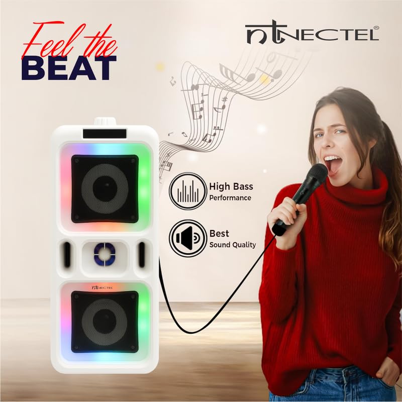 Image of 50W Portable Multimedia Bluetooth Speaker with Dual 4 inch Drivers, RGB Lights, Mic Input, USB /TF /FM /AUX, TWS Pairing, Remote, Rechargeable Battery for Party use (3H Playtime)