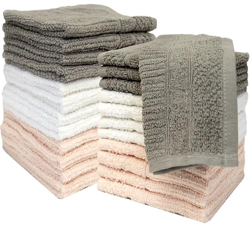 Image of PH Pleasant Home Ribbed Wash Cloths Set - 12 Pack (12 inch x 12 inch) - 509 GSM - 100% Ring Spun Cotton Wash Cloth - Super Soft and Highly Absorbent Face Towels (Light Grey, White & Pink)
