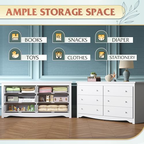WLIVE White Dresser for Bedroom, 59“ Wide Chest of Drawers with 6 Drawer, Wood Long Nightstand with Drawers, Modern Large Storage Tower Unit, Closet Store Organizer for Living Room, Hallway