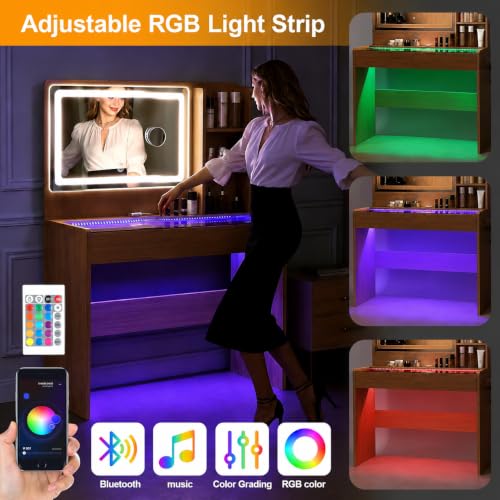 Image of Makeup Vanity Desk with LED Mirror & RGB Lights, Glass Top Vanity Table for Women, Adjustable Brightness & 3 Color Modes, 2 Drawers Storage, Peach Modern Bedroom Vanity Set