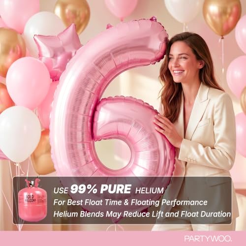 Image of PartyWoo Baby Pink Number 6 Balloon 40 Inch 25pcs Pink Foil Star White Gold