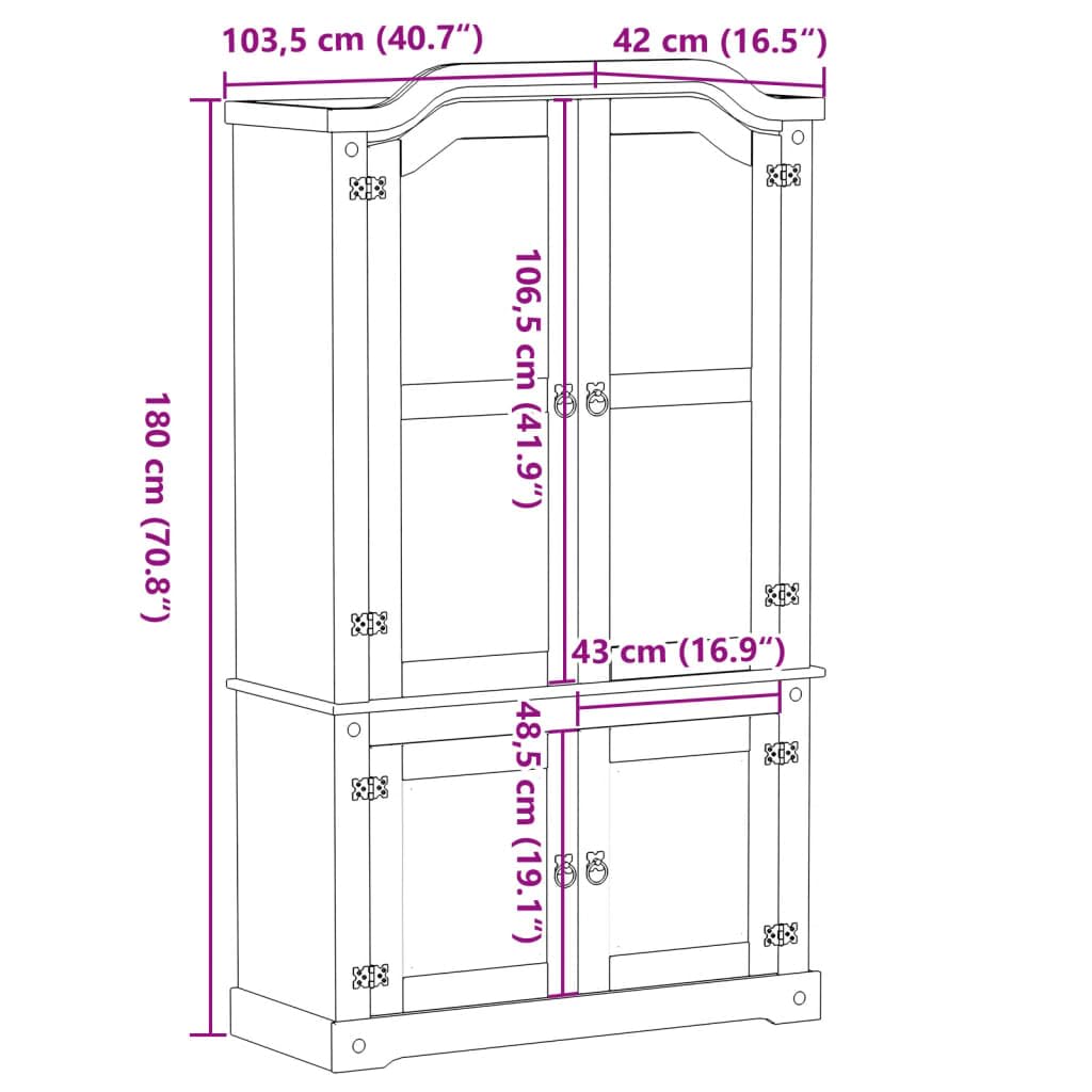 vidaXL Armario con Vitrina Corona Madera Maciza Pino 103,5x42x180 cm, Mueble Vitrina, Armario Expositor, Armario Cristal, Vitrina