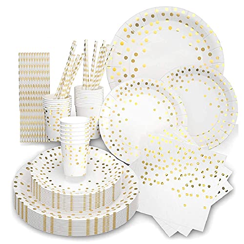 JAWAI 65 Pieces Vaisselle de Fête, Vaisselle de fête à Pois, Ensemble de Vaisselle Jetable, Ensemble de Couverts en Papier, pour Douche Nuptiale, Fiançailles, Mariage
