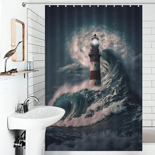 Rideau de douche phare imperméable 122x183cm pour baignoire avec crochets - 6