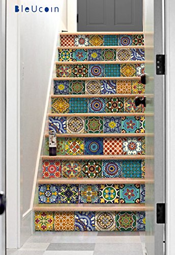Mexican Muted Colors Peel & Stick Tile Backsplash Stair Riser Decals Diy Tile Decals Mexican Talavera Waterproof Home Decor Staircase Decal Stair Mural Decals (Pack Of 24) (4.25" X 4.25") #TOP3