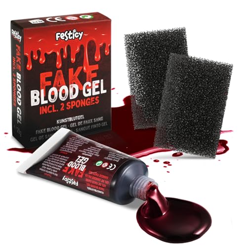FESTICY Sangue Finto Halloween Gel Coagulato 20g + 2 Spugne I Trucco Spaventoso per Costume Halloween, I Effetto Realistico per Bambini e Adulti I Sangue Finto Lavabile Per Make Up e Decorazioni