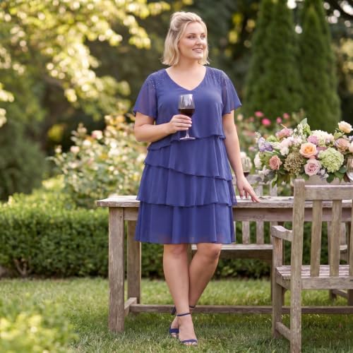 Image of S.L. Fashions Women's V-Neck Chiffon Cocktail Dress with Beaded Shoulders and Asymmetrical Tiers (Petite and Regular Sizes)