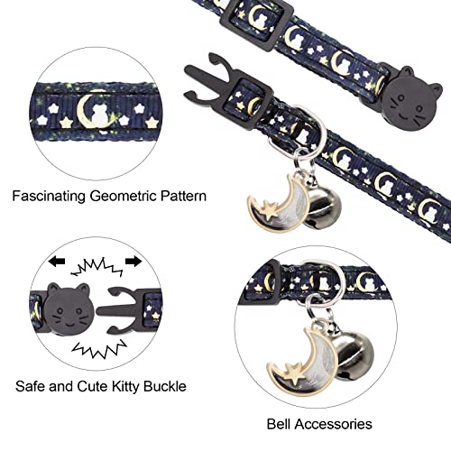 Giecooh 2 Pack Breakaway Cat Collar With Bells,Adjustable Moon And Star Kitten Safety Collars For Boys & Girls,Black+Teal #TOP2