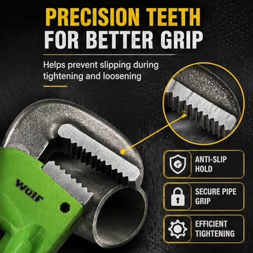 Image of Wulf 18 Inch Heavy Duty Pipe Wrench | Adjustable Chrome Vanadium Steel Plumbing Tool for Construction, Industrial & Professional Use | Strong Grip, Anti-Slip Teeth | Durable Hand Tool