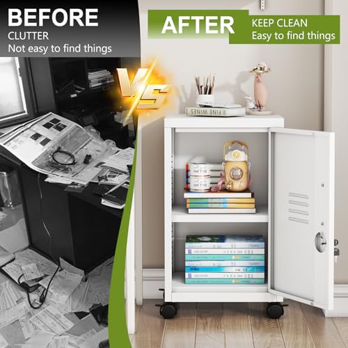 Image of pozdeg 24.4 inch H Metal Storage Locker with Wheels, Single Door Lockable Steel File Cabinet with Adjustable Shelf, Anti-Theft Locker for Home, Office, School, Gym Organizer, White