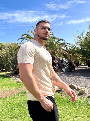 COOFANDY Men's Knit Button Down Shirt Vintage Short Sleeve Polo Shirts Casual Beach Tops4