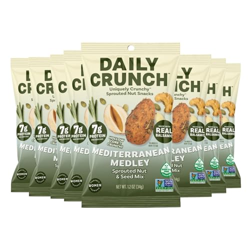Image of Daily Crunch Sprouted Nuts, Mediterranean Medley, 1.2oz Snack Pack, 8 Ct | Uniquely Crunchy. Non-GMO Certified, Seed & Palm Oil Free, Dairy Free. 7g Plant Based Protein. Women Founded.