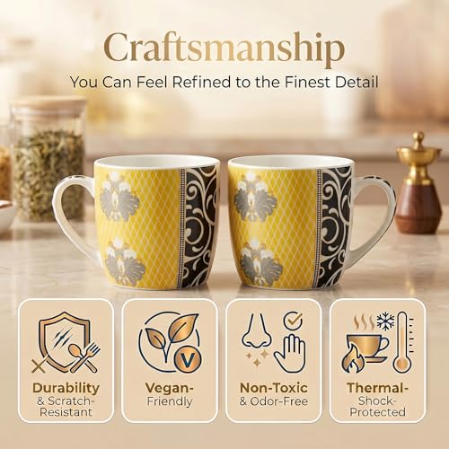 Image of U.P.C. Premium Bone China Ceramic Coffee Mug Set of 6 with 6 Coasters | Designer Tea & Coffee Cups |Printed Ceramic Mug Set | Tea Cups for Home,Office.