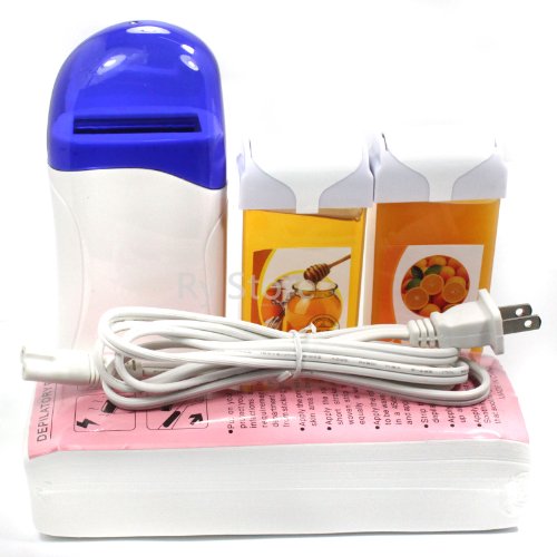 New 4 in 1 Roll on Refillable Depilatory Hot Wax Heater Waxing Hair Removal Cartridge Kit Warmer Salon Tools Machine with 100 PCS Paper Strips , Honey Orange Taste 100g Wax Roller, 110v Us Plug