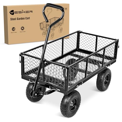 Yesker Steel Garden Carts - 800lbs Dump Wagon with All Terrain Inflatable Wheels for Yard Lawn Farms Gardening - Heavy Duty Utility Outdoor Hauling Wheelbarrow