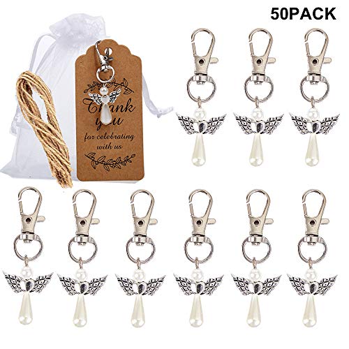 Amajoy 50Pack Guardian Angel Llaveros Lucky Charm Colgantes con bolsas de organza y tarjeta de agradecimiento Favor de boda Baby shower Favor Regalo de Navidad