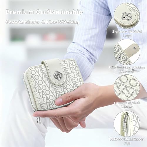 Image of Credit Card Wallets for Women, Leather Cardholder with Zipper Around, Small RFID Ladies Wallet, Accordion Compact Bifold Purse for Travel, 19 Card Slots, ID Window, Cash Organizer - White